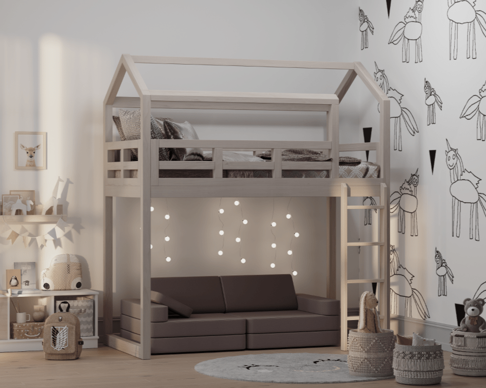 Sweet Cocoa NUMI hero modular couch on the floor under the bunk bed